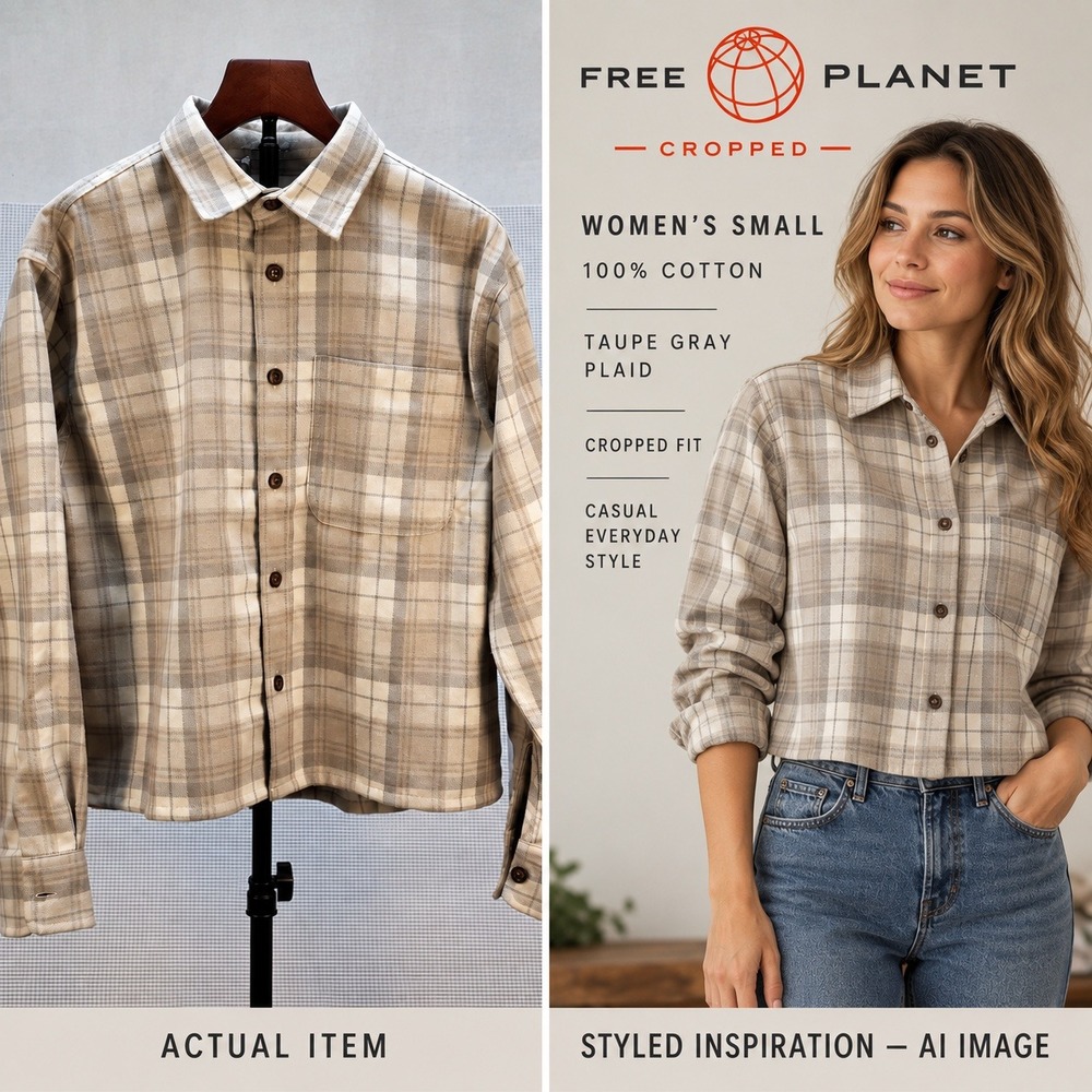 Free Planet Cropped Boxy Flannel Shirt Tan Beige Plaid Button Up Small‎ NWOT